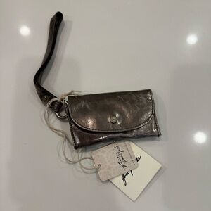 NWT Free People Leather Bag Lanyard Coin ID Silver Metallic Wristlet Festival